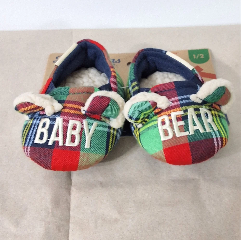 Dearfoams Cozy Comfort Kids Baby Bear Plaid Closed Back Slippers, Size 1/2, NWT